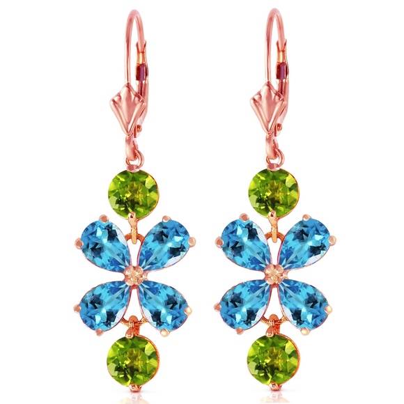 14K CHANDELIERS EARRING WITH BLUE TOPAZ & PERIDOTS - Picture 2 of 7